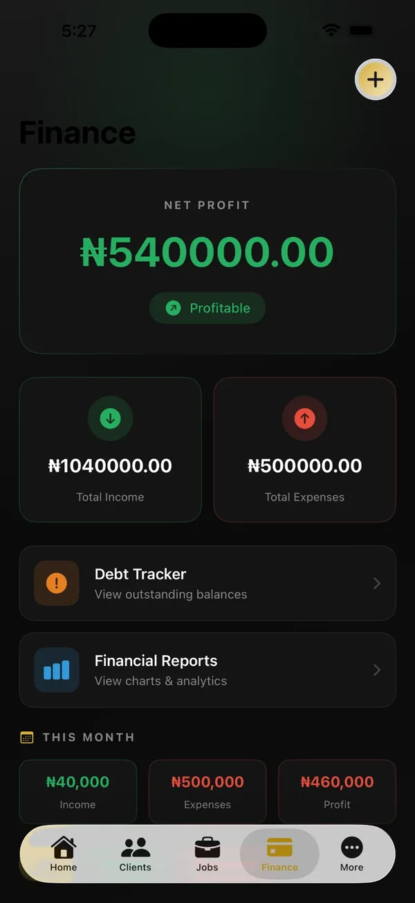 StyleOS finance overview with income, expenses and net profit