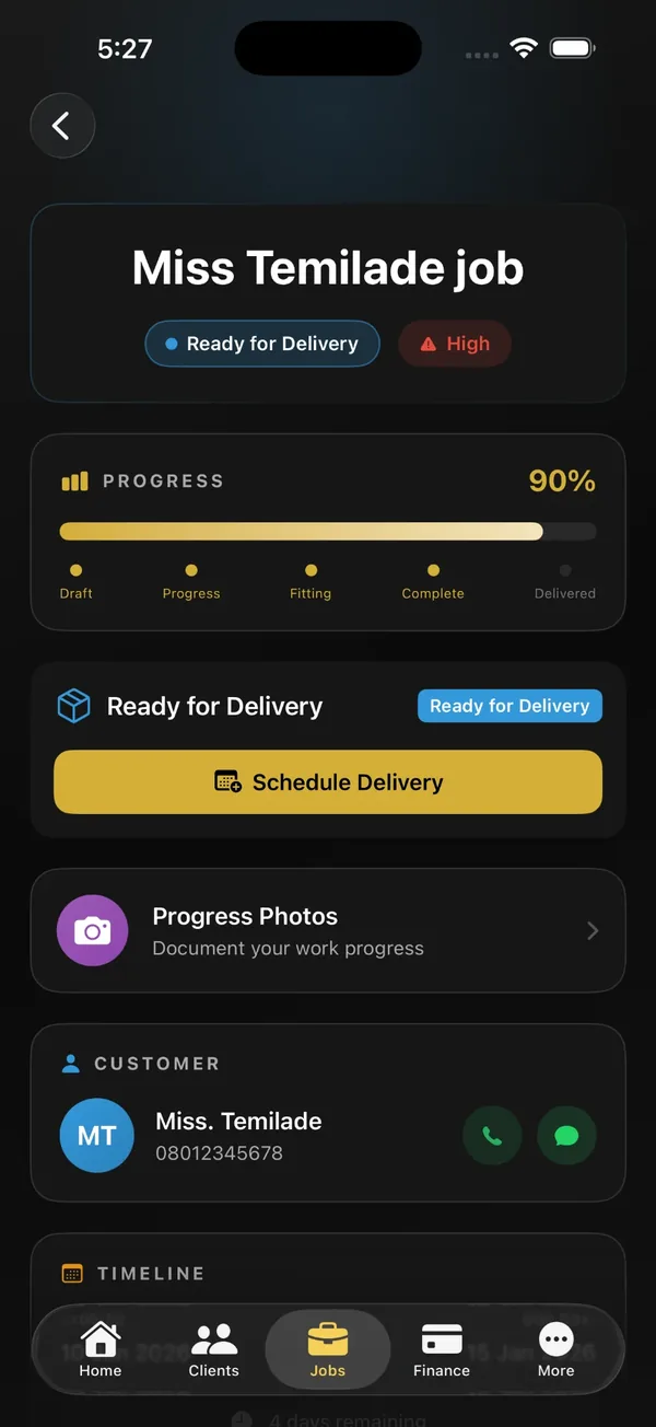 StyleOS job detail with progress, delivery scheduling and customer contact
