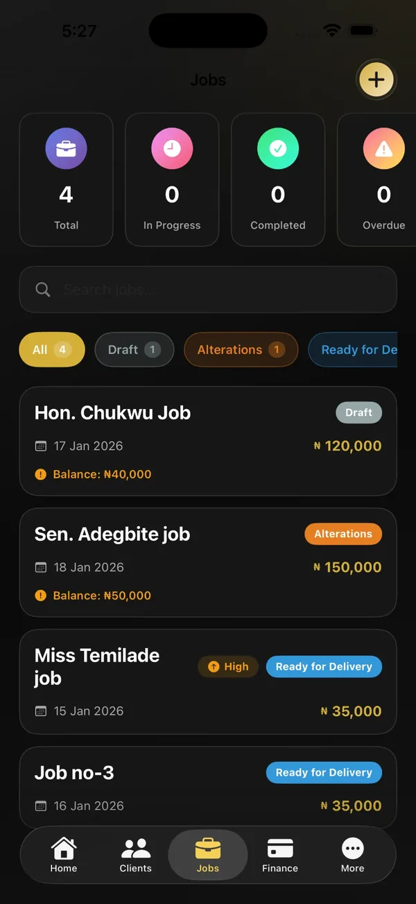 StyleOS jobs list showing orders, balances and delivery status
